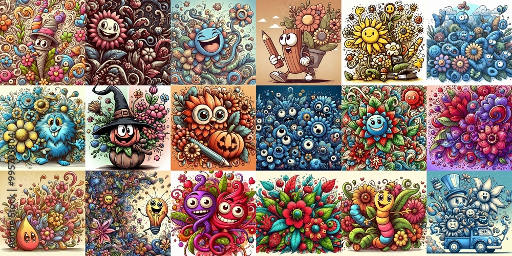 Cartoon style art flowers drawing. AI generated illustration
