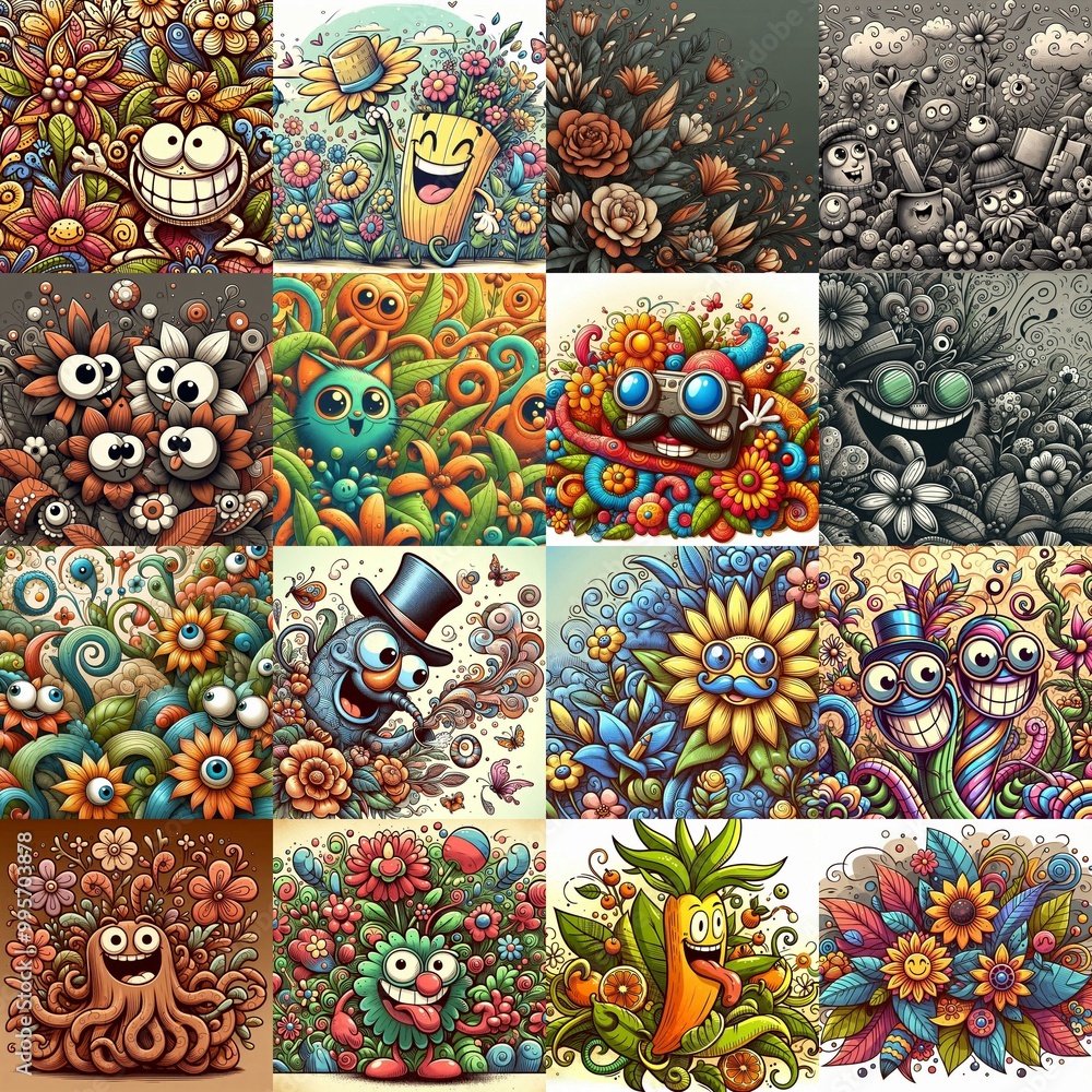 Cartoon style art flowers drawing. AI generated illustration