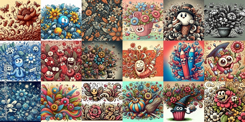 Cartoon style art flowers drawing. AI generated illustration
