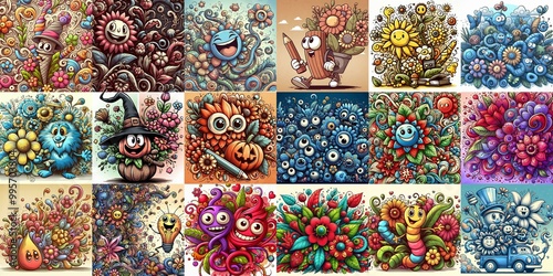 Obraz na płótnie Cartoon style art flowers drawing. AI generated illustration w salonie