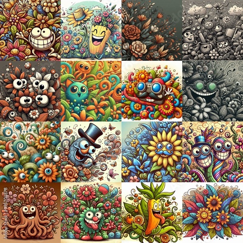 Obraz na płótnie Cartoon style art flowers drawing. AI generated illustration w salonie