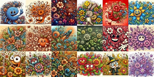 Obraz na płótnie Cartoon style art flowers drawing. AI generated illustration w salonie