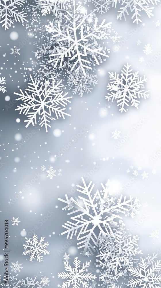 A cool monochrome abstract background featuring gentle patterns of winter snowflakes in grey tones with airy, light effects A cool monochrome abstract background featuring gentle patterns of winter snowflakes in grey tones with airy, light effects