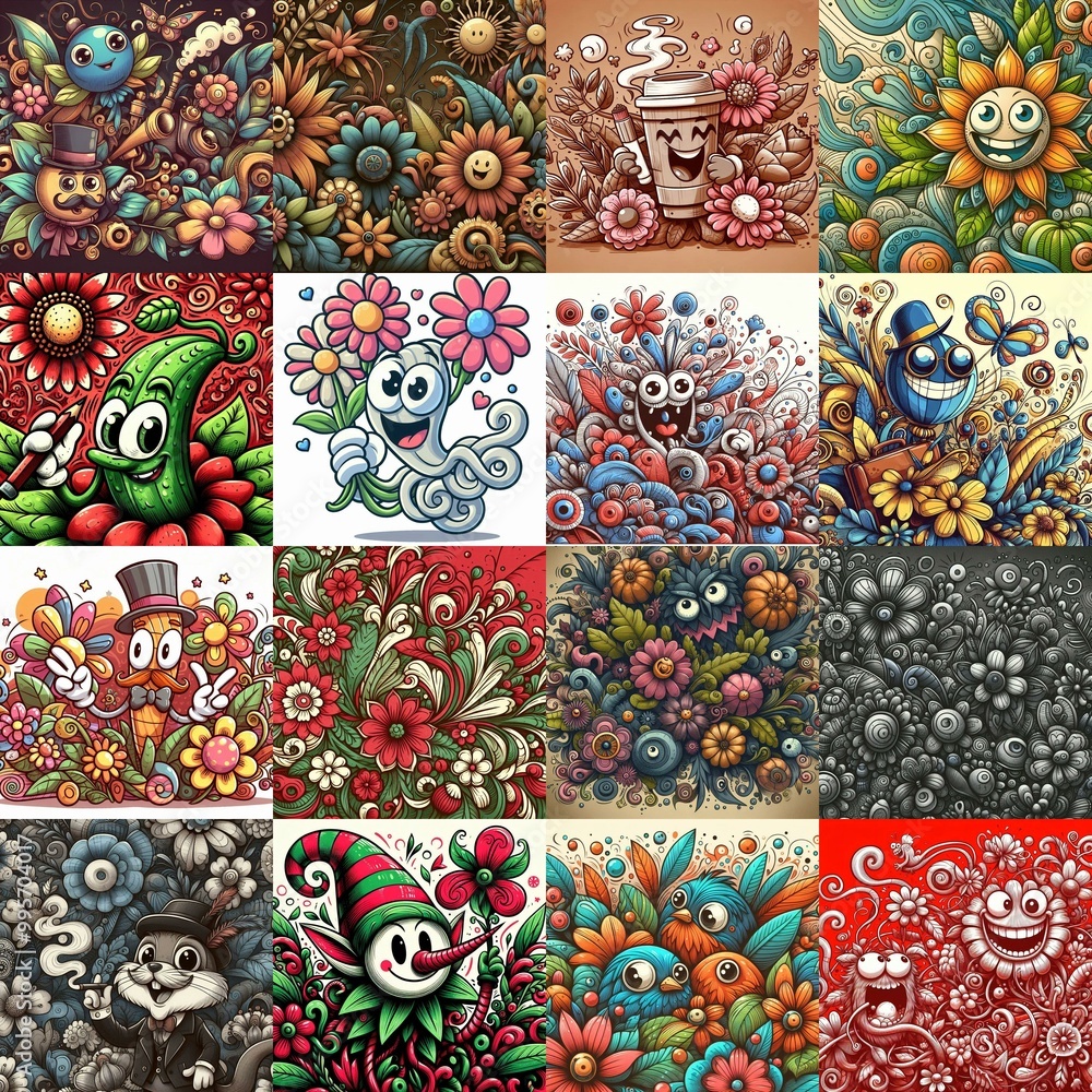 Cartoon style art flowers drawing. AI generated illustration