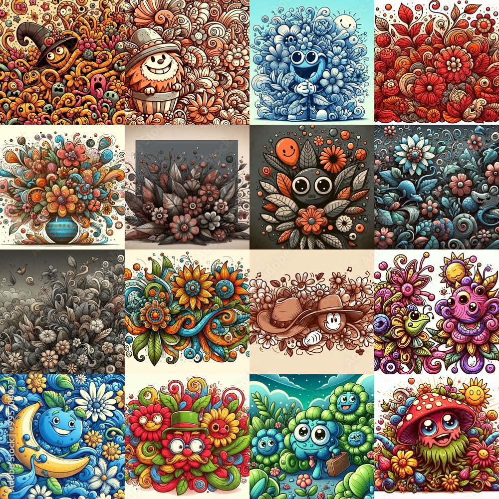 Cartoon style art flowers drawing. AI generated illustration