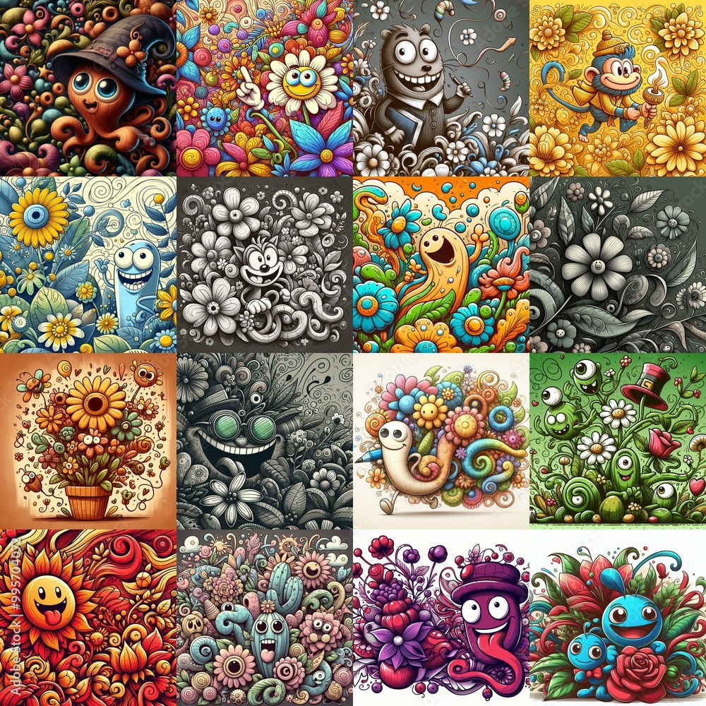 Cartoon style art flowers drawing. AI generated illustration