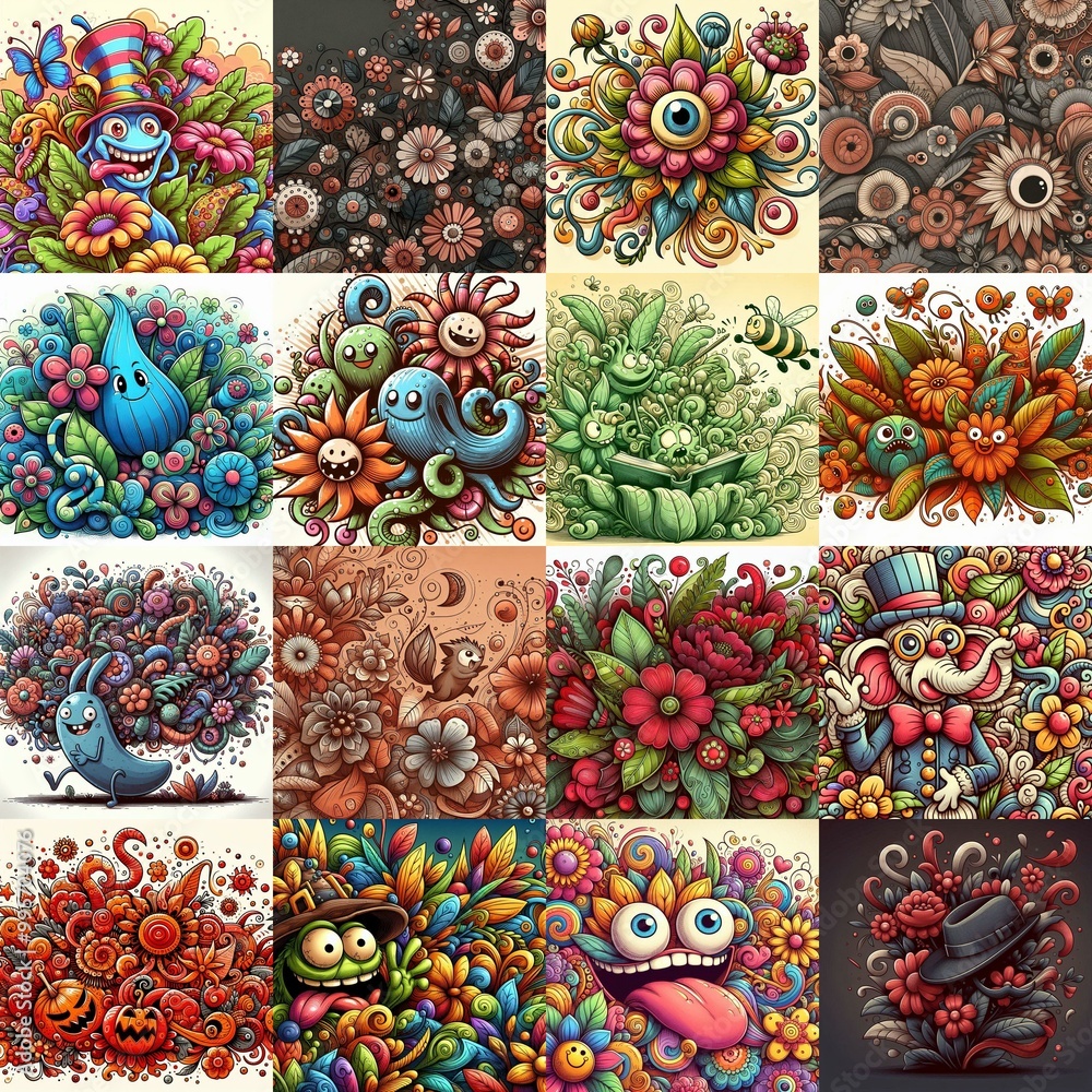 Cartoon style art flowers drawing. AI generated illustration