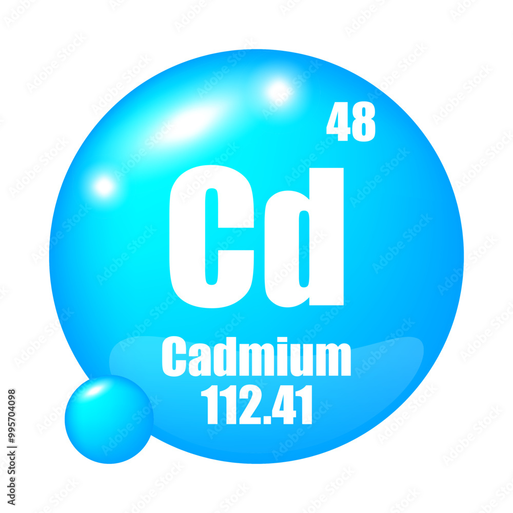 Cadmium icon. Cd chemical element. Atomic number 48. Mass 112.41. Blue sphere. Cadmium icon. Cd chemical element. Atomic number 48. Mass 112.41. Blue sphere.