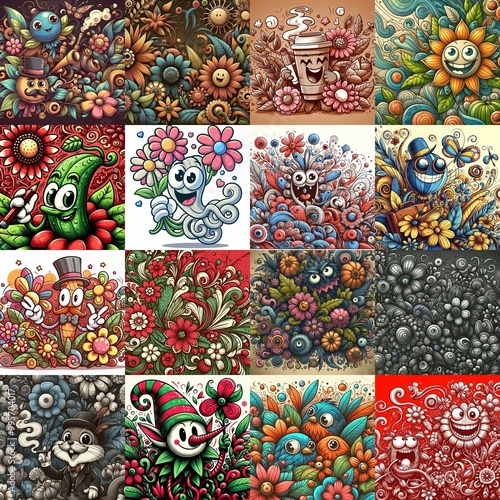 Cartoon style art flowers drawing. AI generated illustration