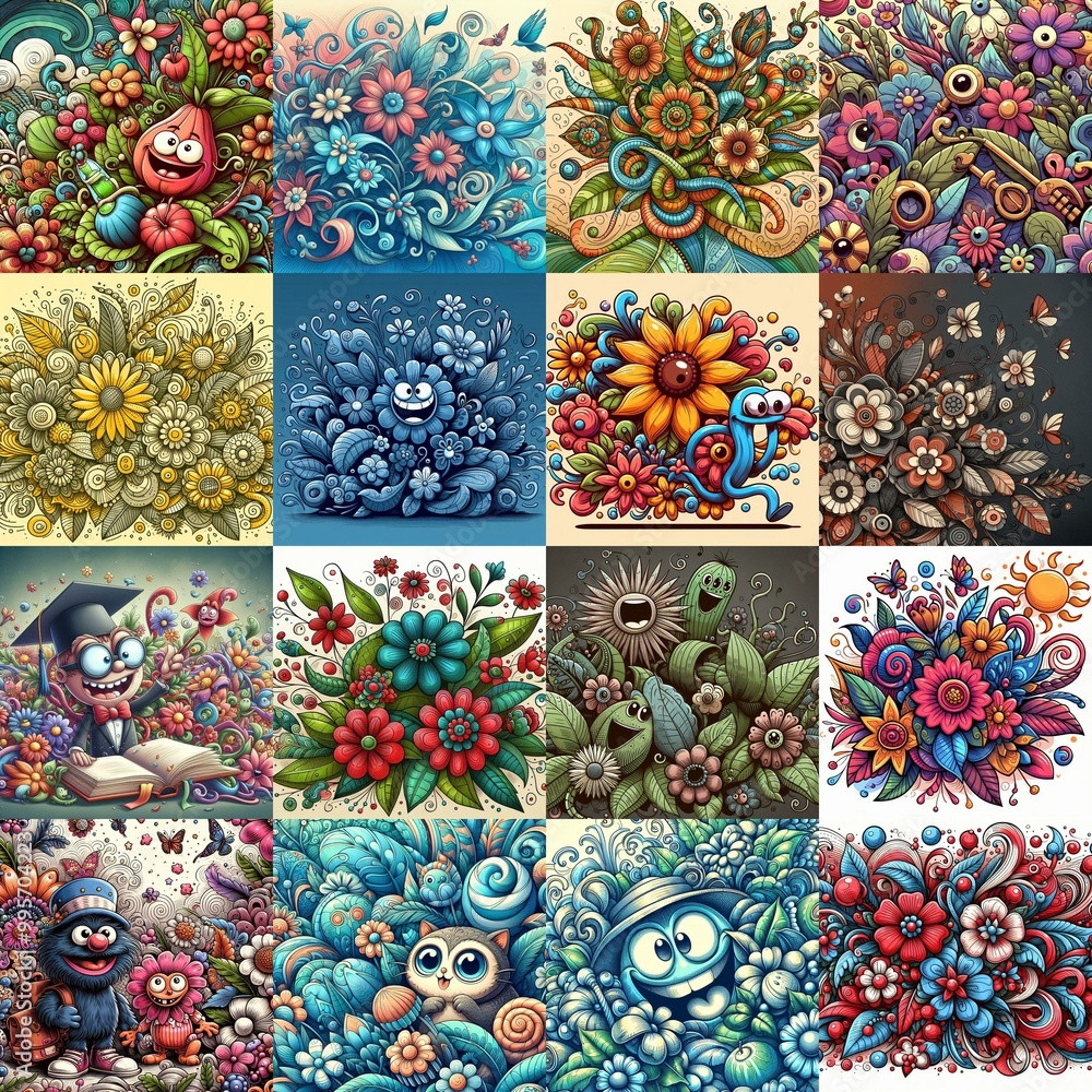 Cartoon style art flowers drawing. AI generated illustration