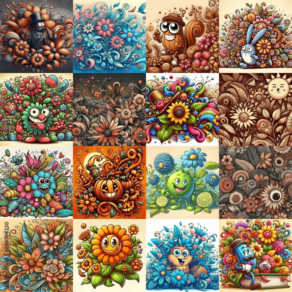 Cartoon style art flowers drawing. AI generated illustration