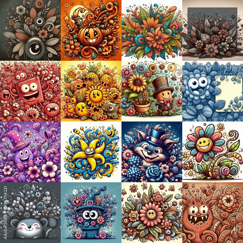 Cartoon style art flowers drawing. AI generated illustration