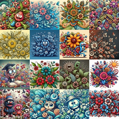 Obraz na płótnie Cartoon style art flowers drawing. AI generated illustration w salonie
