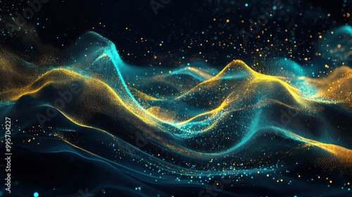 A digital abstract landscape rendered with particles, showcasing blue and gold colors creating a dynamic and futuristic visualization.