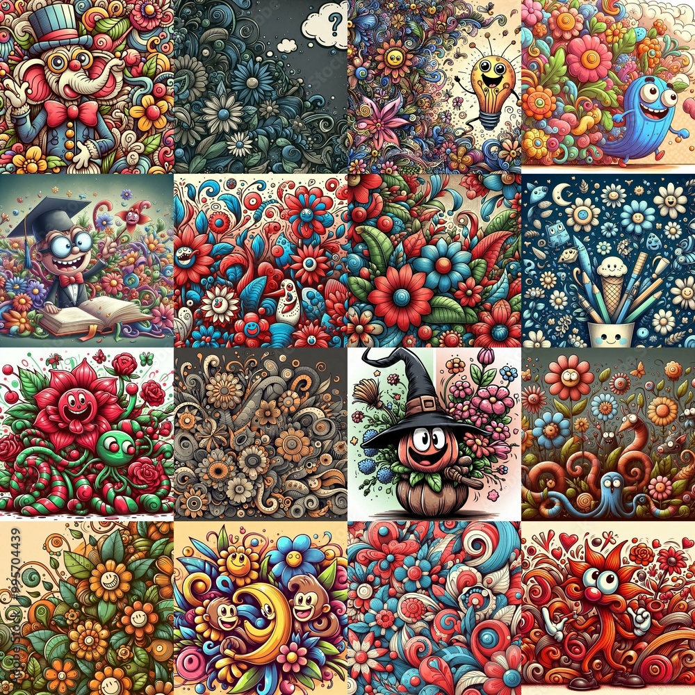 Cartoon style art flowers drawing. AI generated illustration