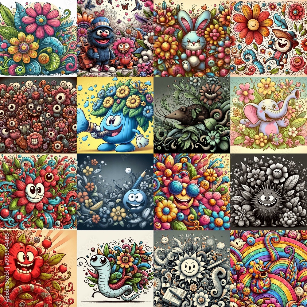 Cartoon style art flowers drawing. AI generated illustration