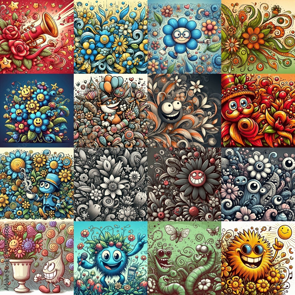 Cartoon style art flowers drawing. AI generated illustration