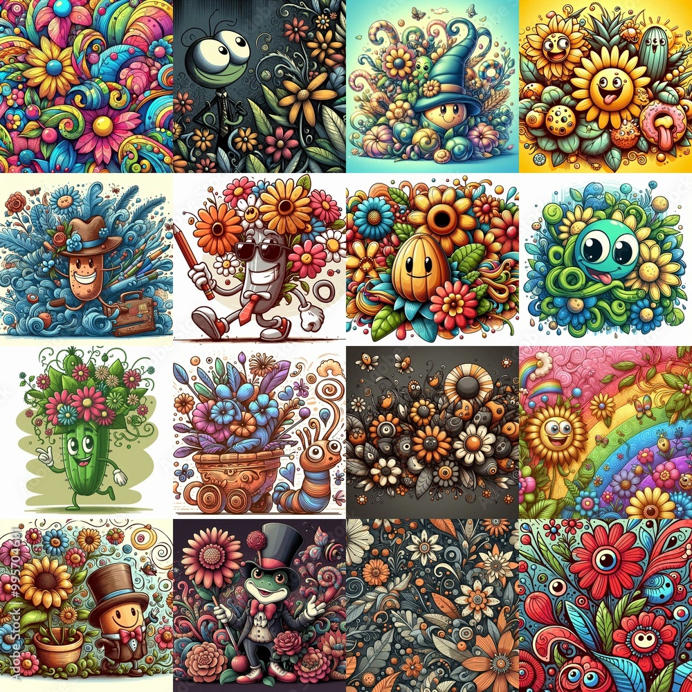 Cartoon style art flowers drawing. AI generated illustration