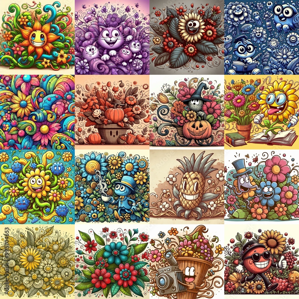 Cartoon style art flowers drawing. AI generated illustration