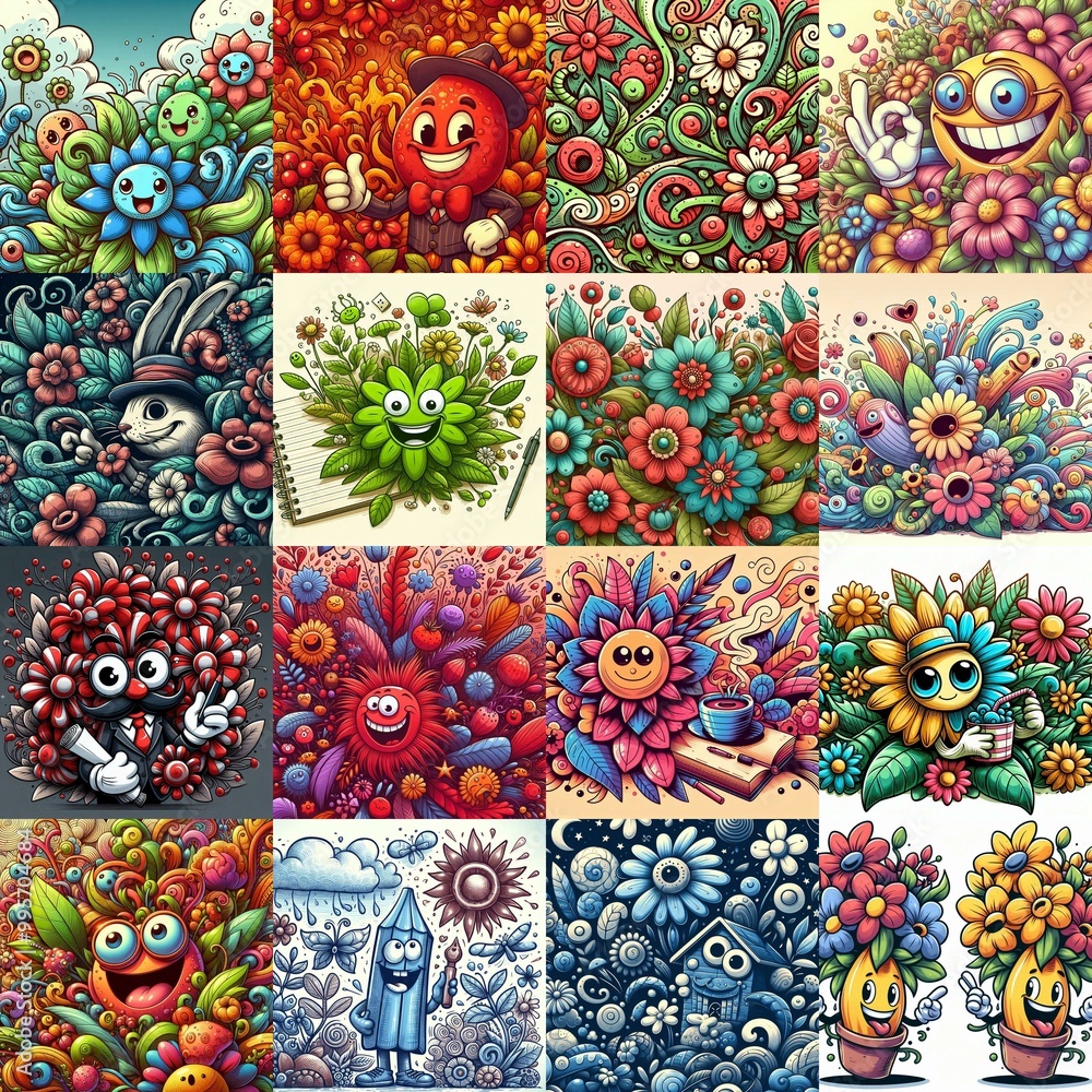 Cartoon style art flowers drawing. AI generated illustration