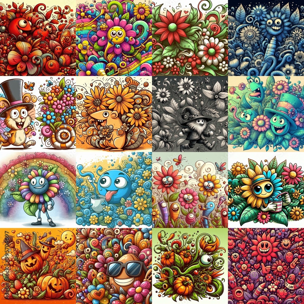 Cartoon style art flowers drawing. AI generated illustration