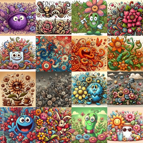 Cartoon style art flowers drawing. AI generated illustration