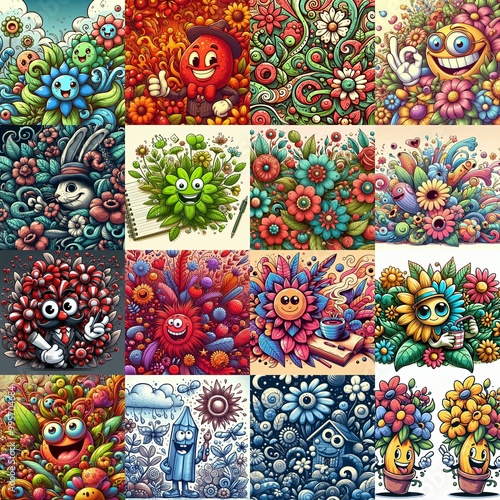 Cartoon style art flowers drawing. AI generated illustration