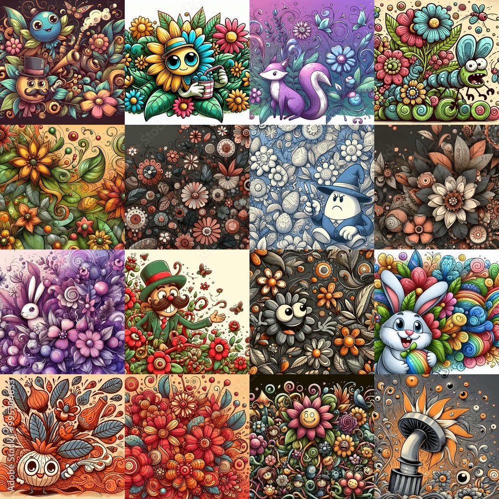 Cartoon style art flowers drawing. AI generated illustration