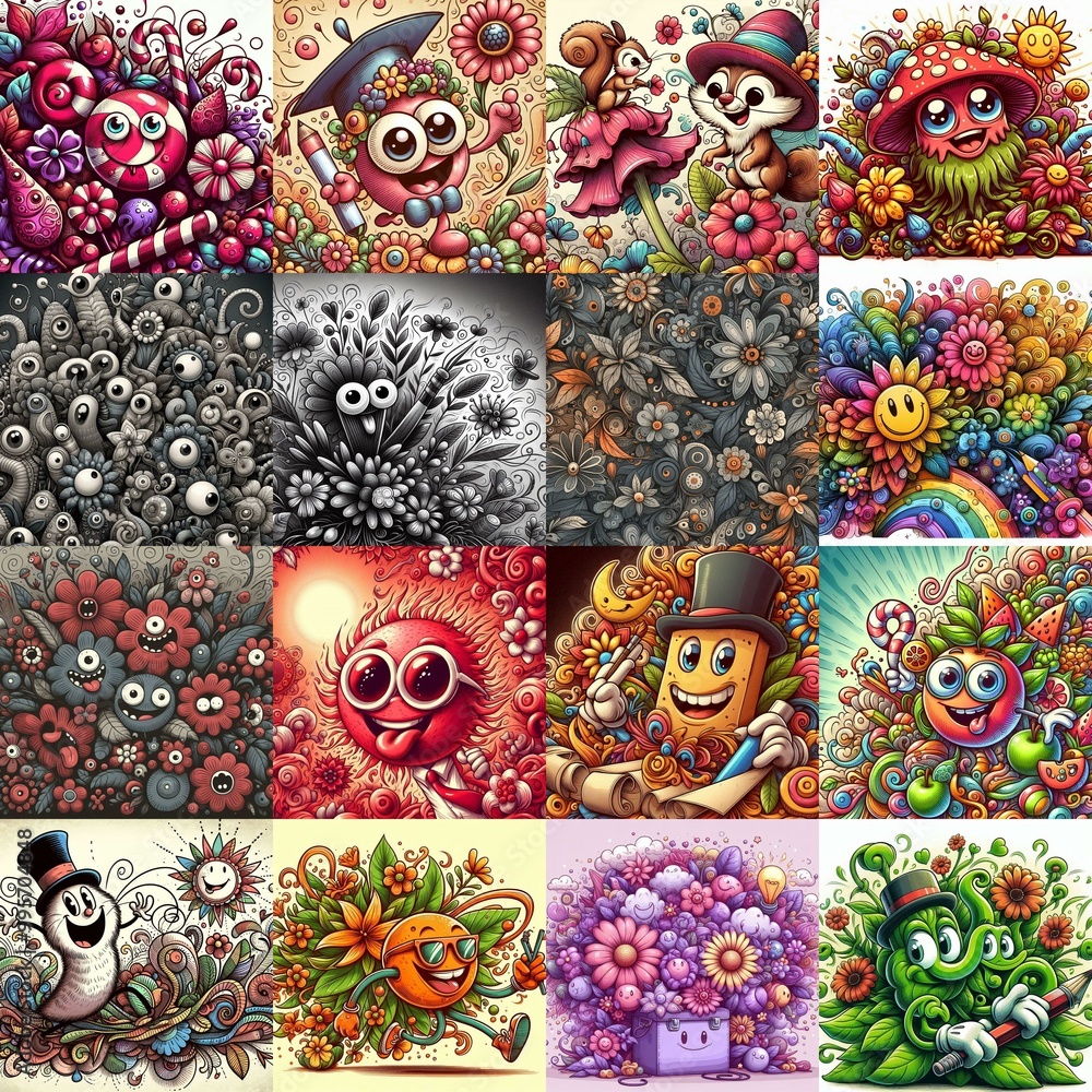Cartoon style art flowers drawing. AI generated illustration