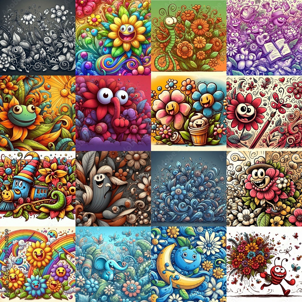 Cartoon style art flowers drawing. AI generated illustration