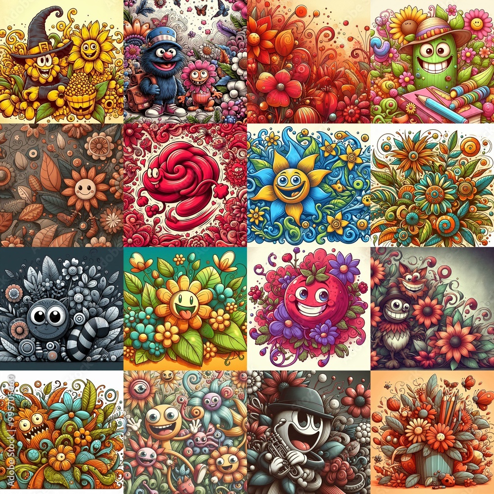 Cartoon style art flowers drawing. AI generated illustration
