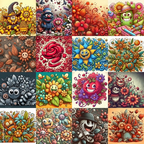 Obraz na płótnie Cartoon style art flowers drawing. AI generated illustration w salonie