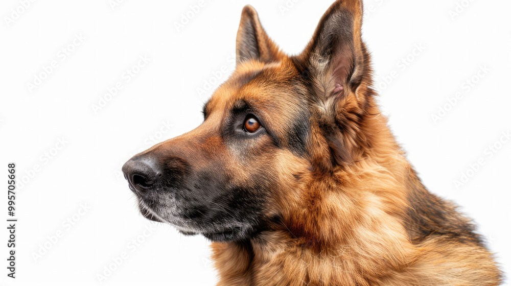 Close-up portrait view of adorable German Shepherd dog head and face looking from side view isolated on white background Close-up portrait view of adorable German Shepherd dog head and face looking from side view isolated on white background
