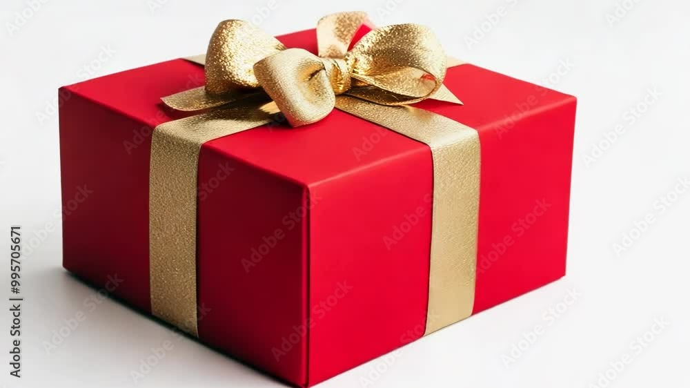 A red gift box with a gold bow glitters and shines on a white ...