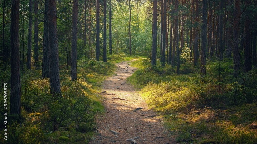 Nature trail and hiking path in forest. Forest scene with hiking path, straight trail through forest Nature trail and hiking path in forest. Forest scene with hiking path, straight trail through forest