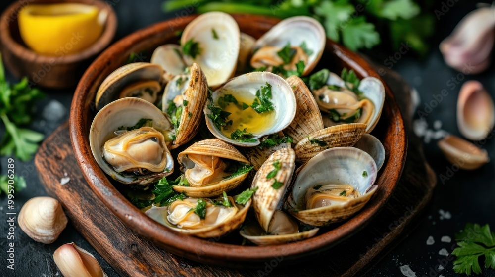 A close-up shot of a bowl of cooked clams, topped with fresh parsley and garlic. The clams are arranged in a rustic wooden bowl and served on a dark background. A close-up shot of a bowl of cooked clams, topped with fresh parsley and garlic. The clams are arranged in a rustic wooden bowl and served on a dark background.