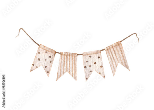 Watercolor beige garland. polka dot and striped flags on a rope isolated on white background. Hand drawn Decorative design element for girl Nursery wall art or childish greeting cards, invitation.