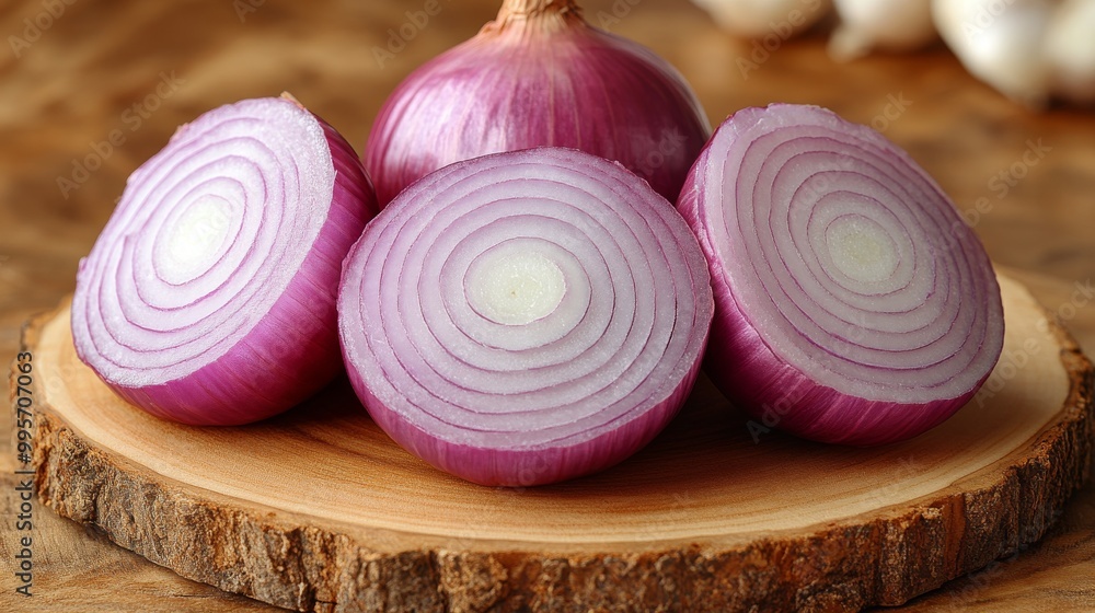 Freshly Sliced Purple Onions on a Wooden Cutting Board in a Bright Kitchen Setting Freshly Sliced Purple Onions on a Wooden Cutting Board in a Bright Kitchen Setting