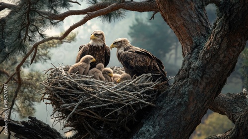 A family of Bald Eagles in their nest high in a tree. The parents are watching over their young fledglings as they learn to fly.