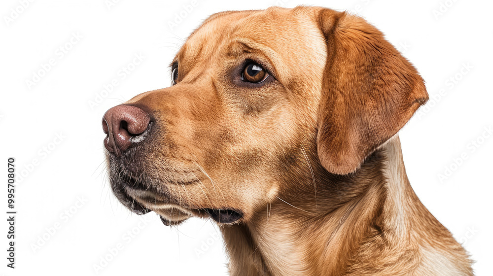 Close-up portrait view of adorable Labrador Retriever dog head and face looking from side view isolated on white background Close-up portrait view of adorable Labrador Retriever dog head and face looking from side view isolated on white background
