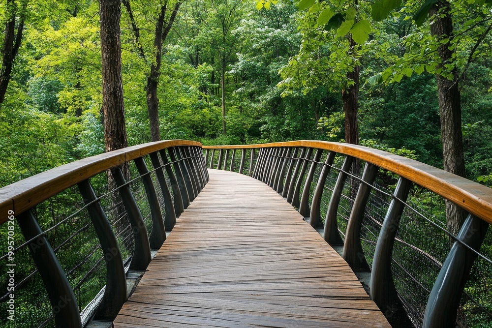 Obraz premium Curved Wooden Bridge Through Lush Green Forest in Daylight for Leisurely Nature Strolls