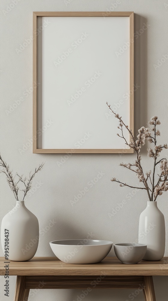 Simple Decor With Vases and Empty Frame on Wooden Table Creates an Elegant Minimalist Atmosphere Simple Decor With Vases and Empty Frame on Wooden Table Creates an Elegant Minimalist Atmosphere
