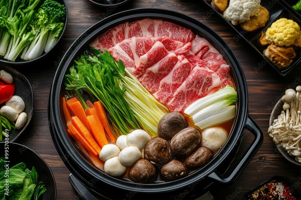 Sukiyaki pot on the table, The pot contains sliced beef, various vegetables, and mushrooms. hot pot, Japanese cuisine , Japanese food Sukiyaki pot on the table, The pot contains sliced beef, various vegetables, and mushrooms. hot pot, Japanese cuisine , Japanese food