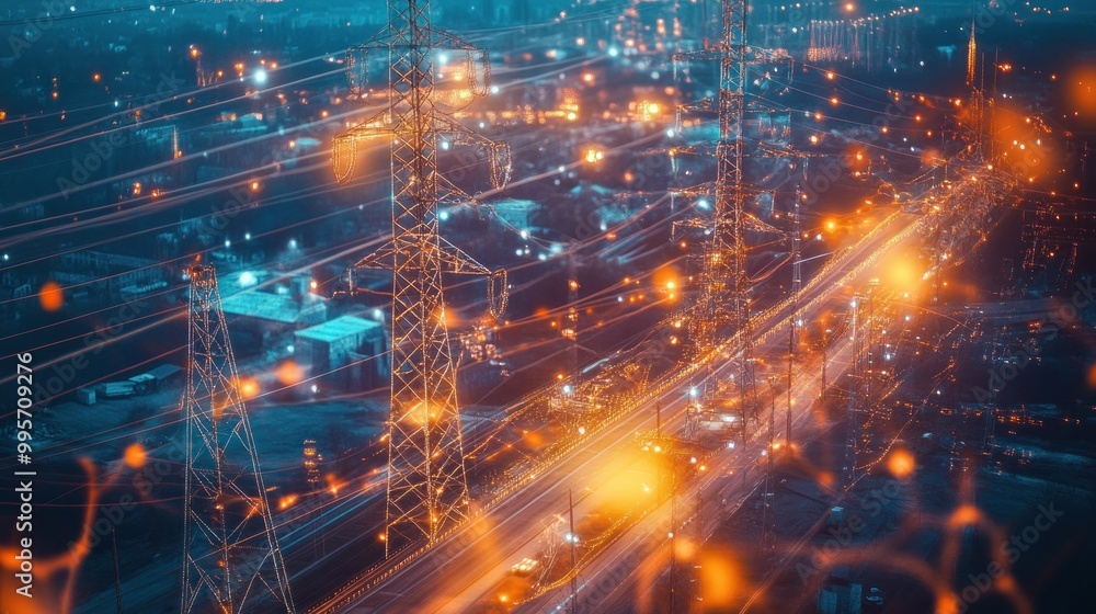 Fototapeta premium An aerial view of a city at night, with power lines and streetlights illuminating the landscape.