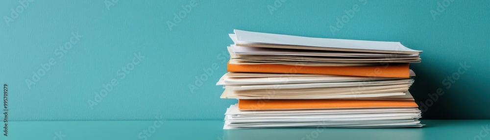 A neat stack of various documents on a vibrant turquoise background, symbolizing organization and office productivity A neat stack of various documents on a vibrant turquoise background, symbolizing organization and office productivity