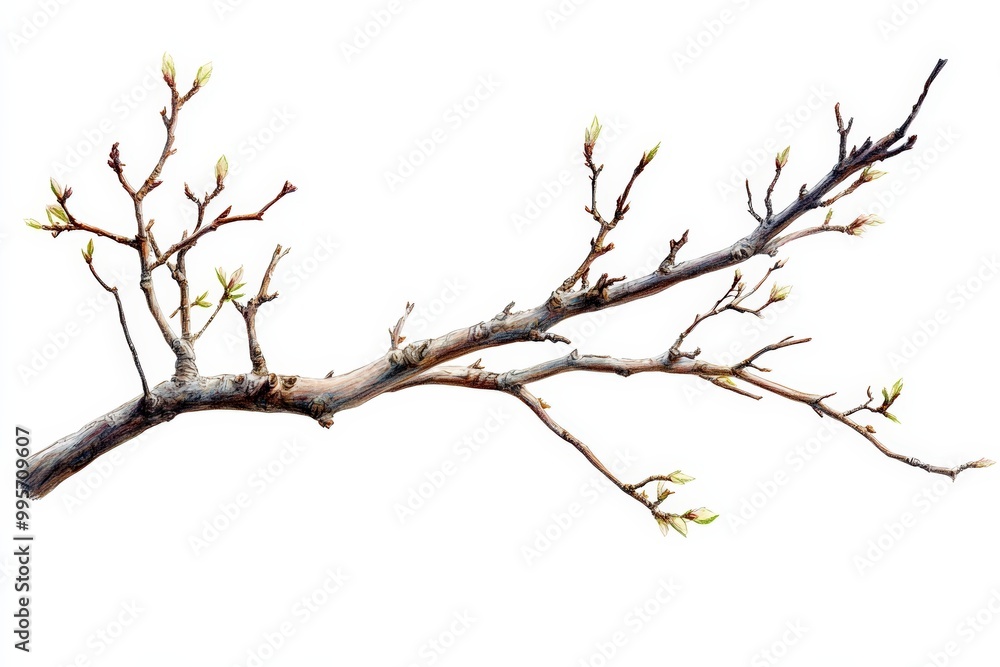 Branch with budding leaves, white isolate background. Branch with budding leaves, white isolate background.