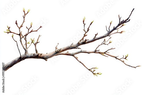 Branch with budding leaves, white isolate background.