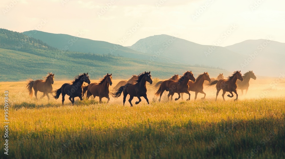 Fototapeta premium A herd of wild horses running freely across a grassy field with mountains in the distance.