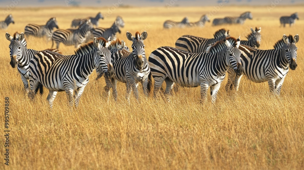 Fototapeta premium A herd of zebras grazing on the African savannah, their black and white stripes creating a striking contrast.
