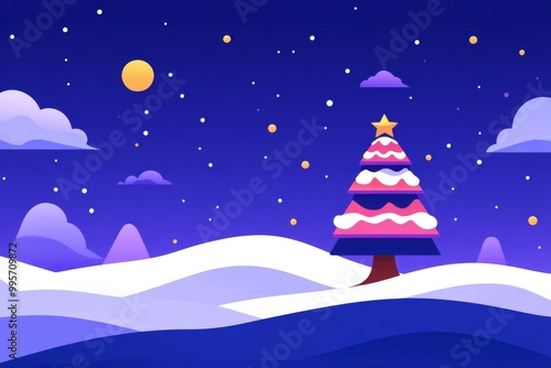 Minimalist cartoon Christmas tree with pink branches and a starry backdrop surrounded by gift boxes and snow covered hills under a bright moon creating a playful and whimsical holiday illustration